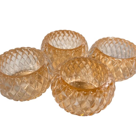 Vtg Diamond Cut Glass Candle Holders Tea Light Votive Peach Amber Patent HR - Picture 2 of 9